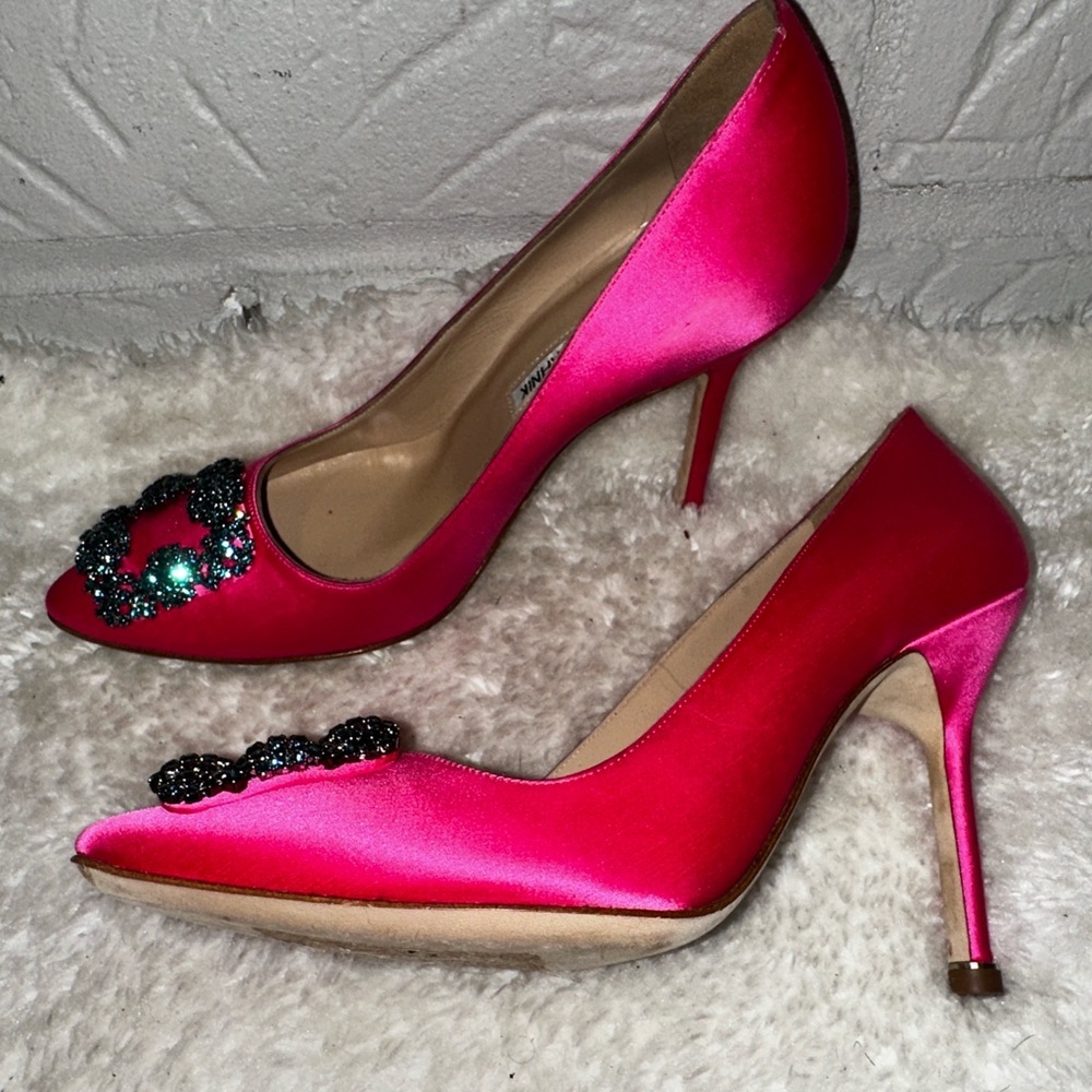 Manolo Blahnik Hangisi 105mm Embellished Pink Satin Pump Size 37 - Picture 6 of 12